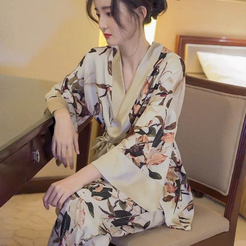 Japanese Summer New Luxury Home Long Trousers Pajamas Suit Floral Printing Ice Silk Pjs V Neck Kimono Style Homewear Loungewear
