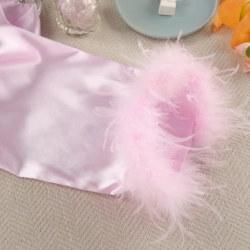 Luxury Spring Silk Satin Women's Pajamas Pink Loose Feather Long Sleeve Trousers Suit Sleepwear Home Clothes 2pcs Nightwear