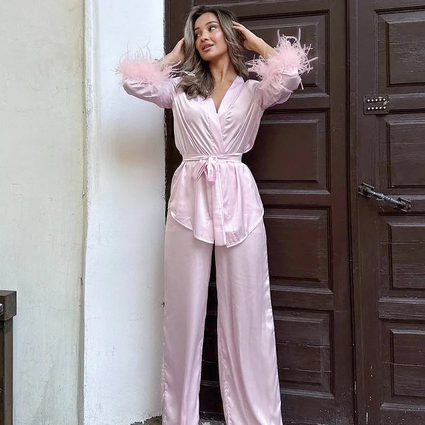 Luxury Spring Silk Satin Women's Pajamas Pink Loose Feather Long Sleeve Trousers Suit Sleepwear Home Clothes 2pcs Nightwear