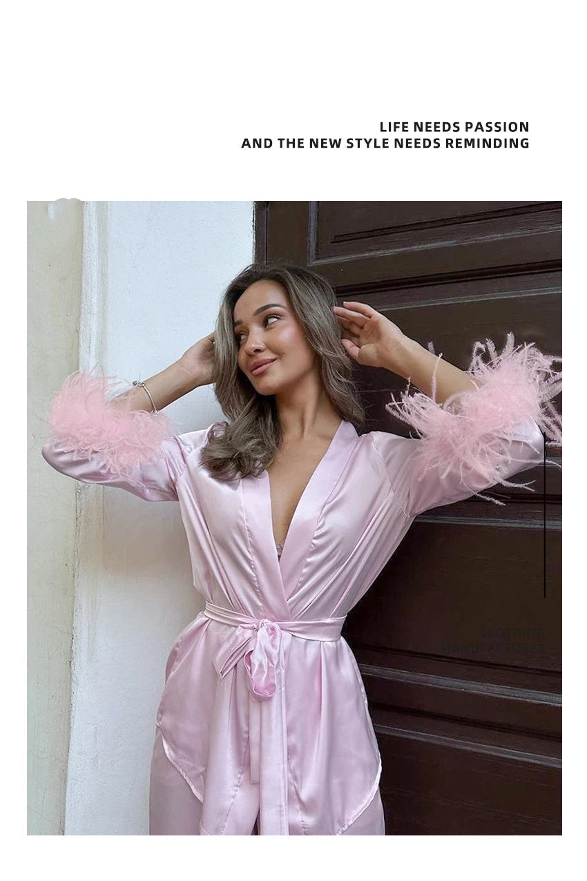 Luxury Spring Silk Satin Women's Pajamas Pink Loose Feather Long Sleeve Trousers Suit Sleepwear Home Clothes 2pcs Nightwear