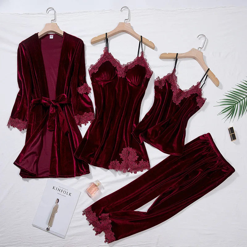 TOP Casual Velour Home Clothing 4pcs Sleep Set Intimate Lingerie Women Pajamas Suit Long Sleeve Lace Velvet Homewear Pyjamas