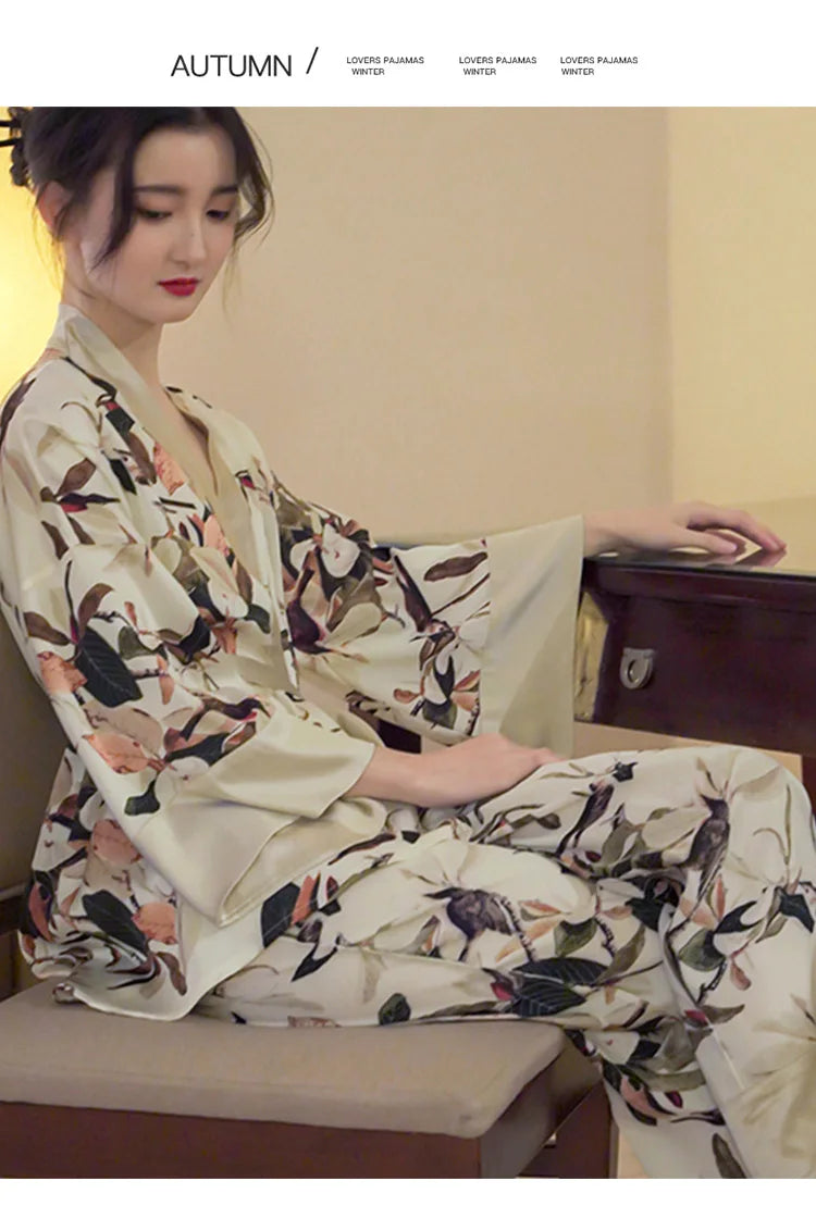 Japanese Summer New Luxury Home Long Trousers Pajamas Suit Floral Printing Ice Silk Pjs V Neck Kimono Style Homewear Loungewear
