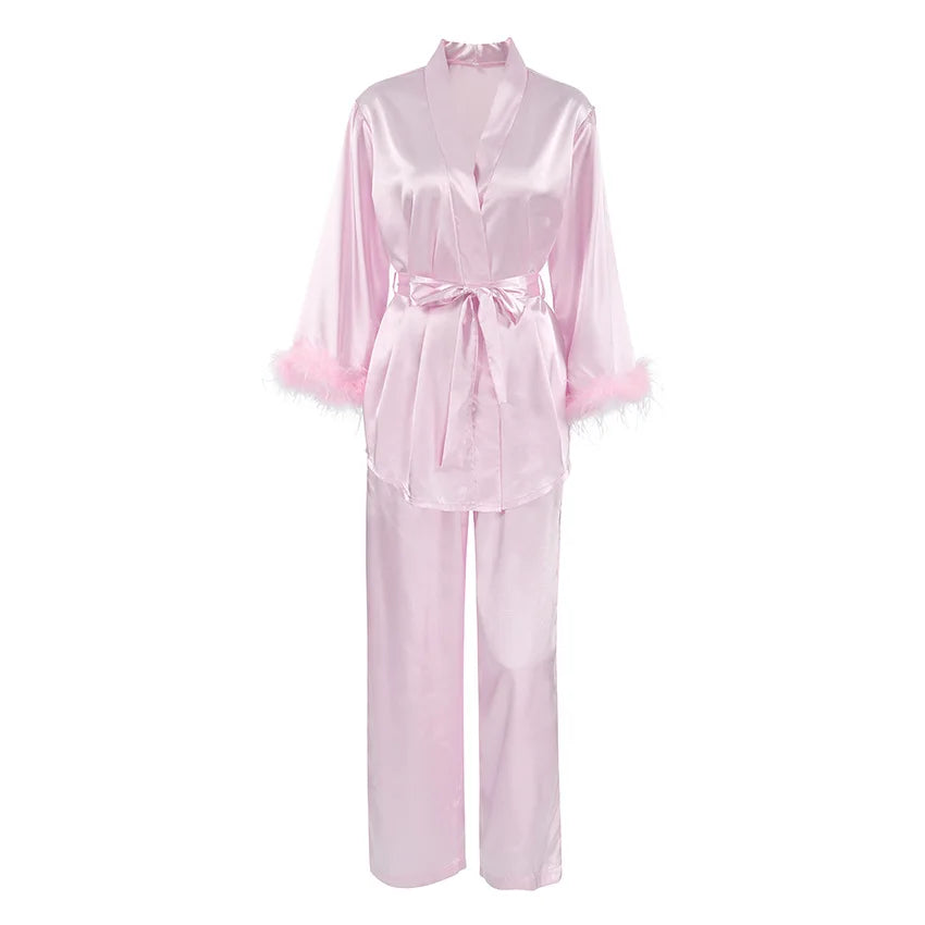 Luxury Spring Silk Satin Women's Pajamas Pink Loose Feather Long Sleeve Trousers Suit Sleepwear Home Clothes 2pcs Nightwear