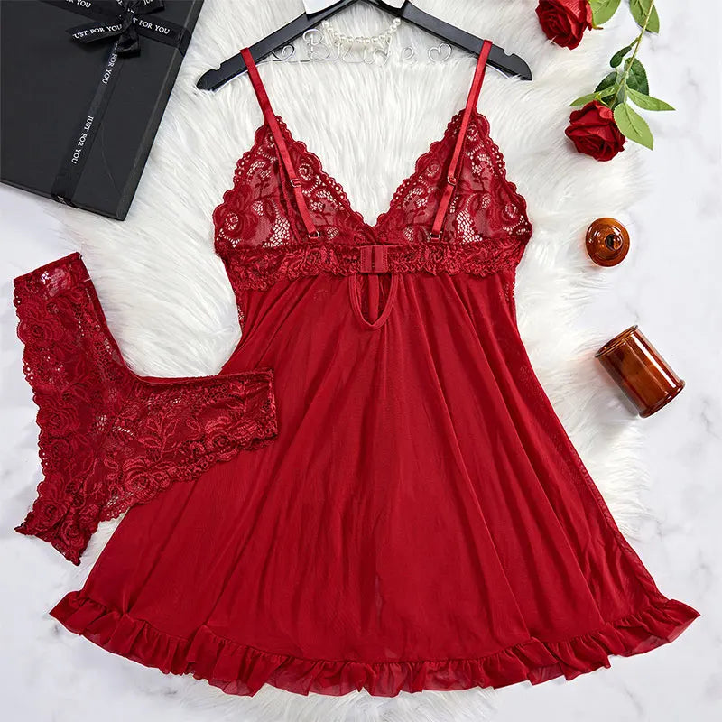 Tulle Suspenders Exquisite Women's Lencerias Lace V-Neck Underwear Semi-transparent Thong Dress Set Females Lingerie Nightgowns