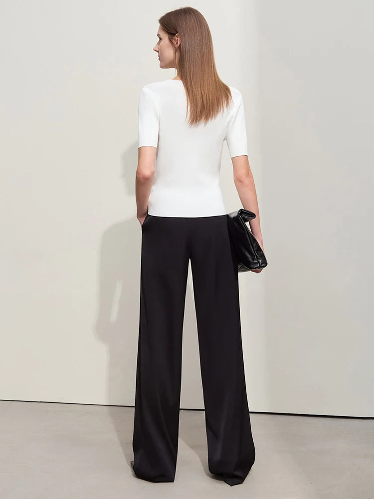 Amii Minimalism 2024 Summer Women's Pants New Solid Straight Wide-leg Oak Waist Drawstring Casual Lady Fashion Trousers 12422001