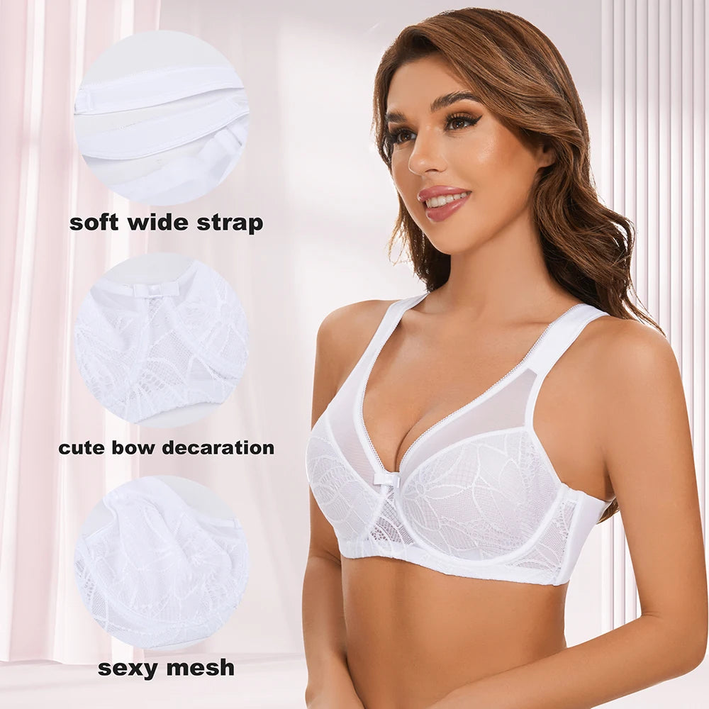 Sheroine Plus Size Underwire Bra, Lace Floral Minimizer Full Coverage Unpadded Bras for Women Lifting Support Comfort