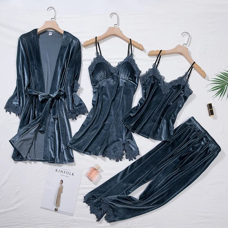 TOP Casual Velour Home Clothing 4pcs Sleep Set Intimate Lingerie Women Pajamas Suit Long Sleeve Lace Velvet Homewear Pyjamas