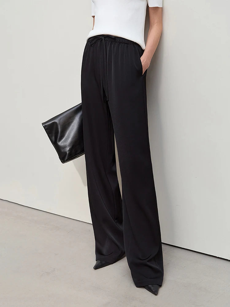 Amii Minimalism 2024 Summer Women's Pants New Solid Straight Wide-leg Oak Waist Drawstring Casual Lady Fashion Trousers 12422001