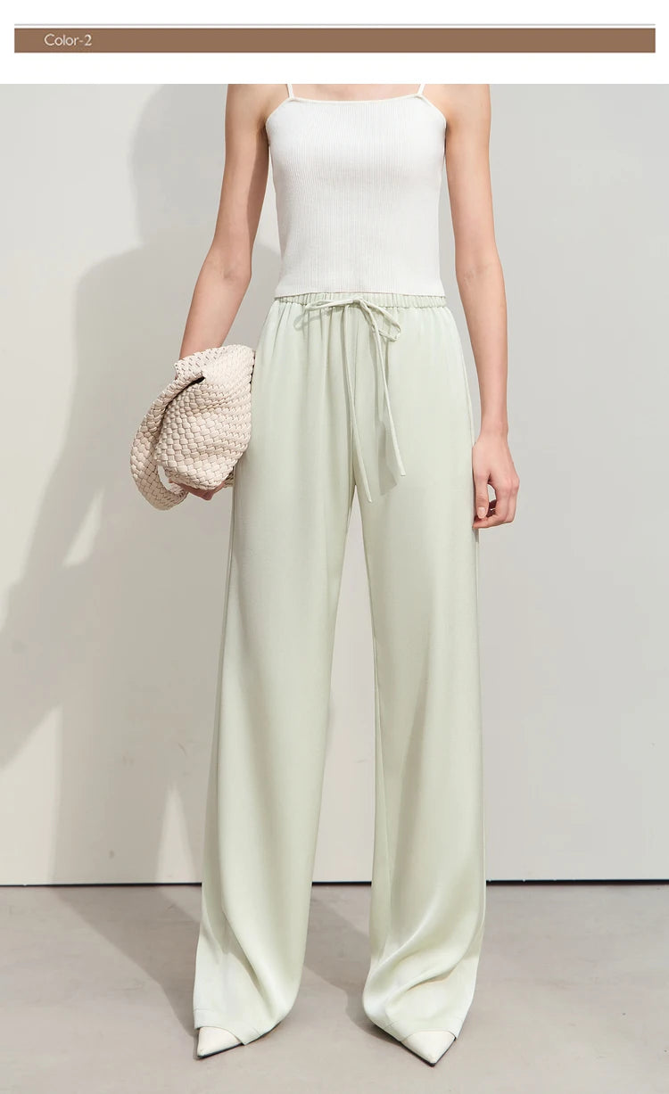 Amii Minimalism 2024 Summer Women's Pants New Solid Straight Wide-leg Oak Waist Drawstring Casual Lady Fashion Trousers 12422001