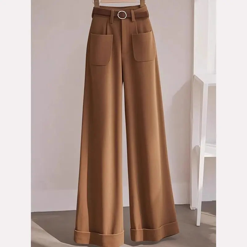 French High-end Exquisite and Fashionable Age-reducing Cold and Chic Lady Unique Slimming Khaki Wide-leg Pants
