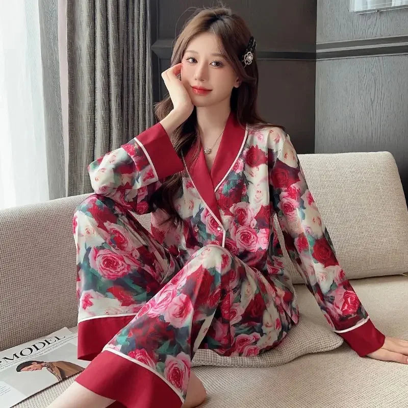 Large Size Rose New Pajamas Women Ice Silk Long Sleeve Spring Autumn Temperament Can Be Worn Outside The Home Suit Set Lounge