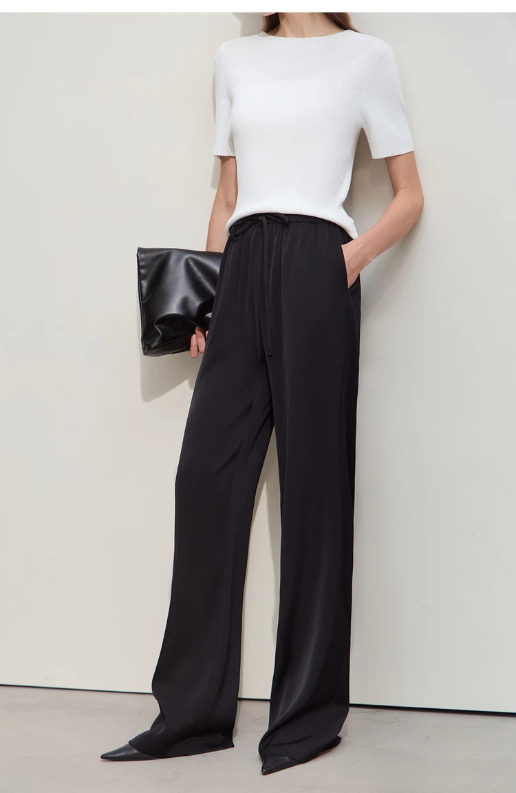Amii Minimalism 2024 Summer Women's Pants New Solid Straight Wide-leg Oak Waist Drawstring Casual Lady Fashion Trousers 12422001