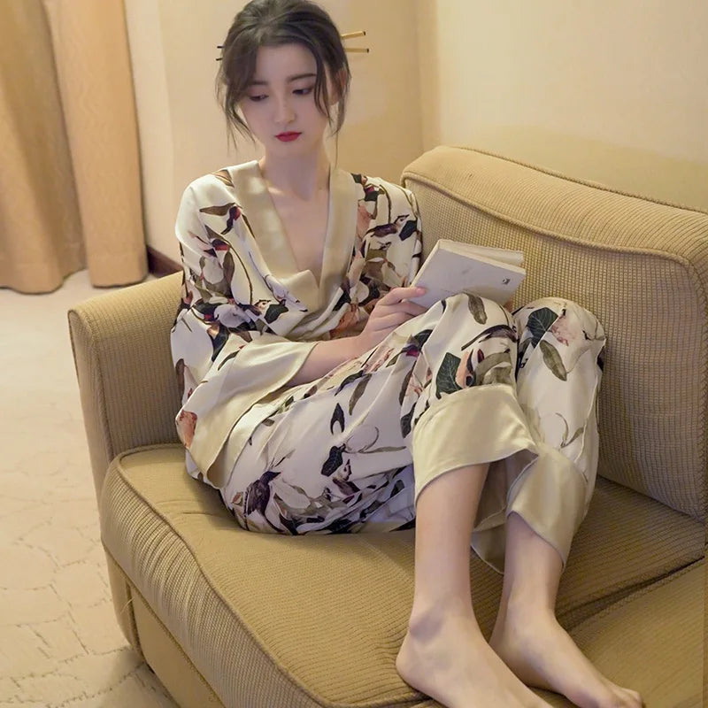 Japanese Summer New Luxury Home Long Trousers Pajamas Suit Floral Printing Ice Silk Pjs V Neck Kimono Style Homewear Loungewear