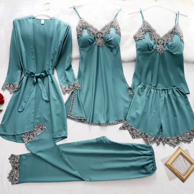 5PCS/SET Silk Robe Sleep Suit Womens Lace Satin Pajamas Gown Set V-Neck Nighties Wear Pijama Home Nightwear Spring Nightdress