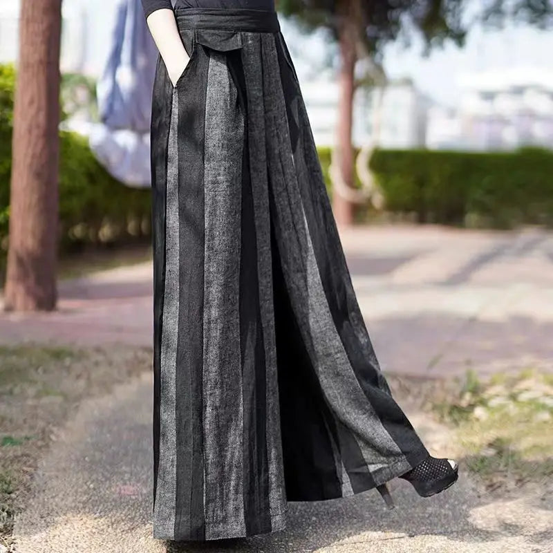 Spring Summer New Fashion Striped Loose Elastic Waist Wide Leg Pants Ladies Casual Irregular High Waist Straight Women Clothes