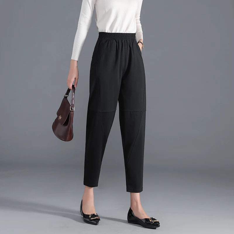Red Korean Version Women's Casual PantsHigh Waist Pleated Wide Leg Haran Pants Ladies' Office Ladies' Spring And Autumn 2023 5XL