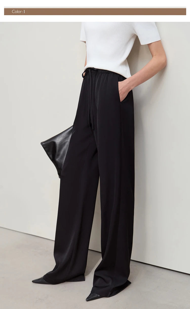 Amii Minimalism 2024 Summer Women's Pants New Solid Straight Wide-leg Oak Waist Drawstring Casual Lady Fashion Trousers 12422001