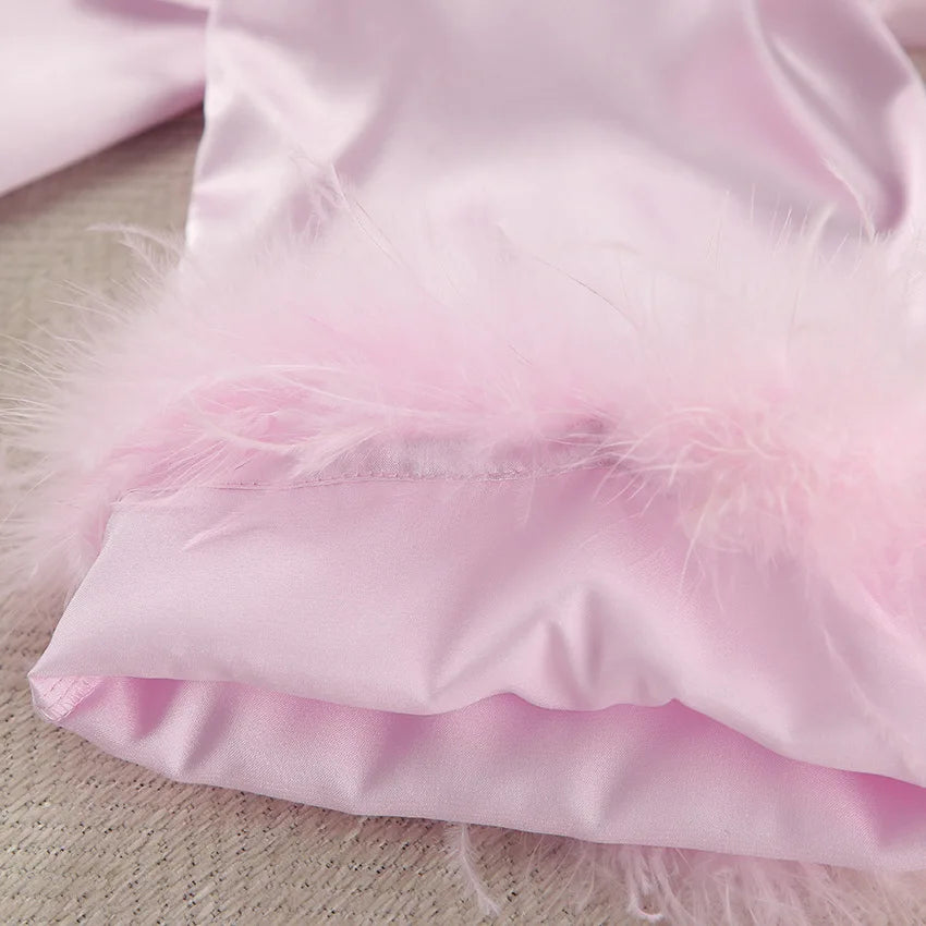 Luxury Spring Silk Satin Women's Pajamas Pink Loose Feather Long Sleeve Trousers Suit Sleepwear Home Clothes 2pcs Nightwear