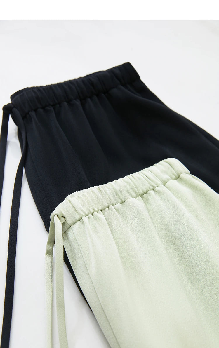 Amii Minimalism 2024 Summer Women's Pants New Solid Straight Wide-leg Oak Waist Drawstring Casual Lady Fashion Trousers 12422001