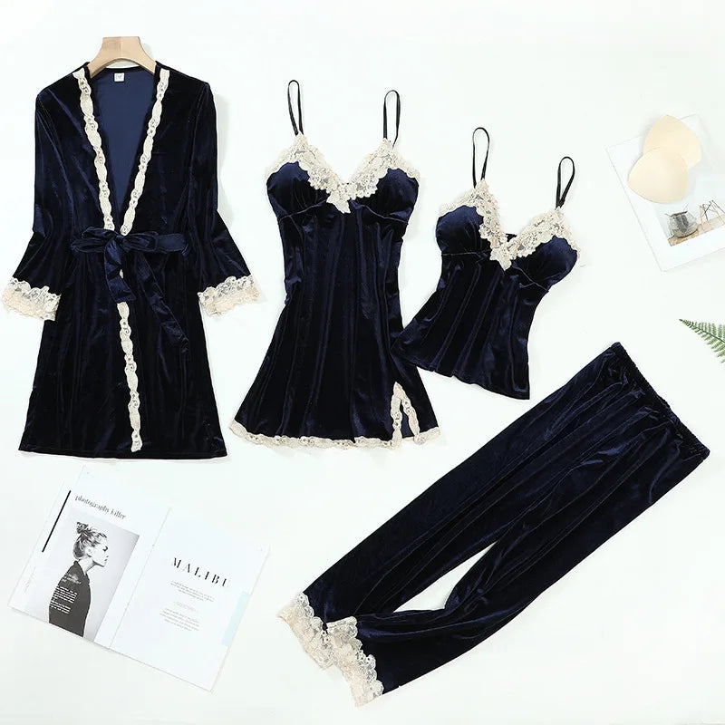 TOP Casual Velour Home Clothing 4pcs Sleep Set Intimate Lingerie Women Pajamas Suit Long Sleeve Lace Velvet Homewear Pyjamas