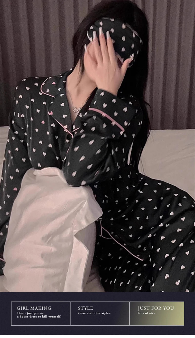 Summer Print Fashion Women Pajama Set Sweet Lace Cuff Trousers Long Sleeve Suit Pyjamas Home clothing Women's casual clothes 2