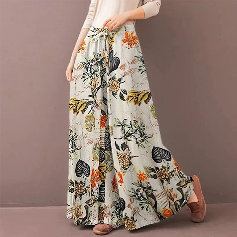 Women Floral Print Wide Leg Pants Spring Autumn Fashion Drawstring Bohemia Trousers Ladies Casual Loose Elastic Waist Pantalon