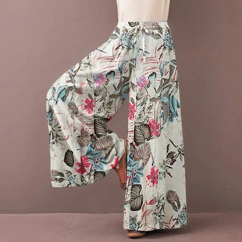 Women Floral Print Wide Leg Pants Spring Autumn Fashion Drawstring Bohemia Trousers Ladies Casual Loose Elastic Waist Pantalon