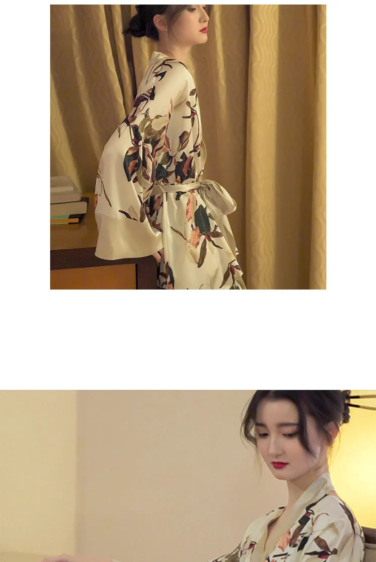 Japanese Summer New Luxury Home Long Trousers Pajamas Suit Floral Printing Ice Silk Pjs V Neck Kimono Style Homewear Loungewear