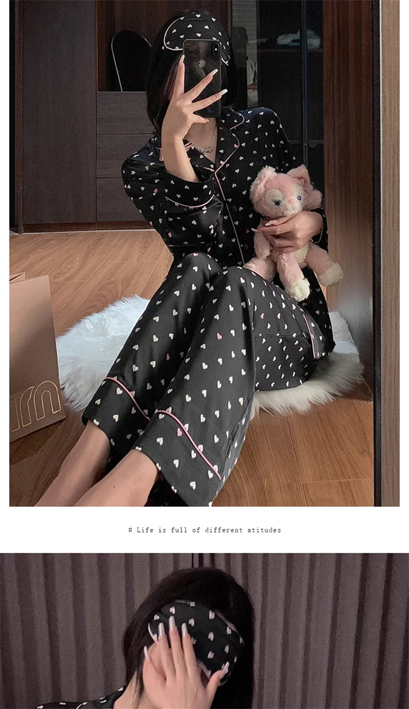 Summer Print Fashion Women Pajama Set Sweet Lace Cuff Trousers Long Sleeve Suit Pyjamas Home clothing Women's casual clothes 2