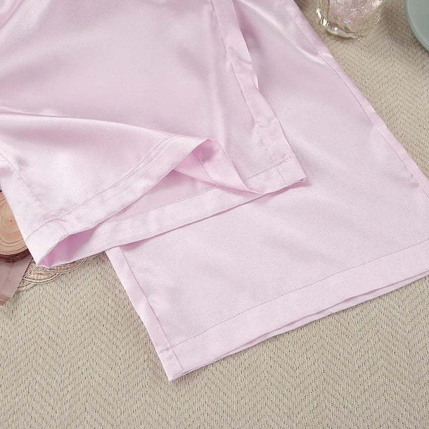 Luxury Spring Silk Satin Women's Pajamas Pink Loose Feather Long Sleeve Trousers Suit Sleepwear Home Clothes 2pcs Nightwear