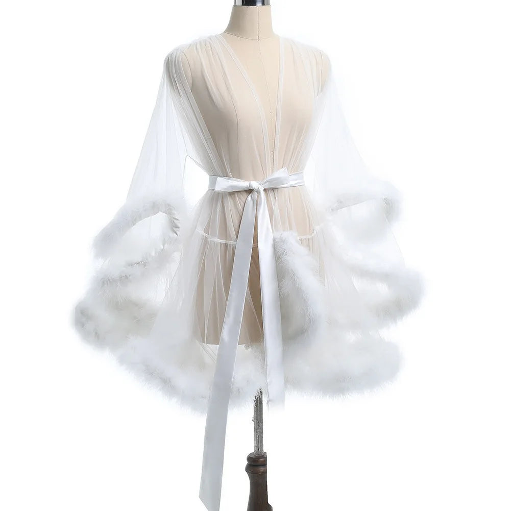SINGREINY Female Sheer Shapewear Robes Fashoin Long Sleeve Plush Spliced Thin Lingerie Women Lace Up Erotic Midi Long Sexy Robes