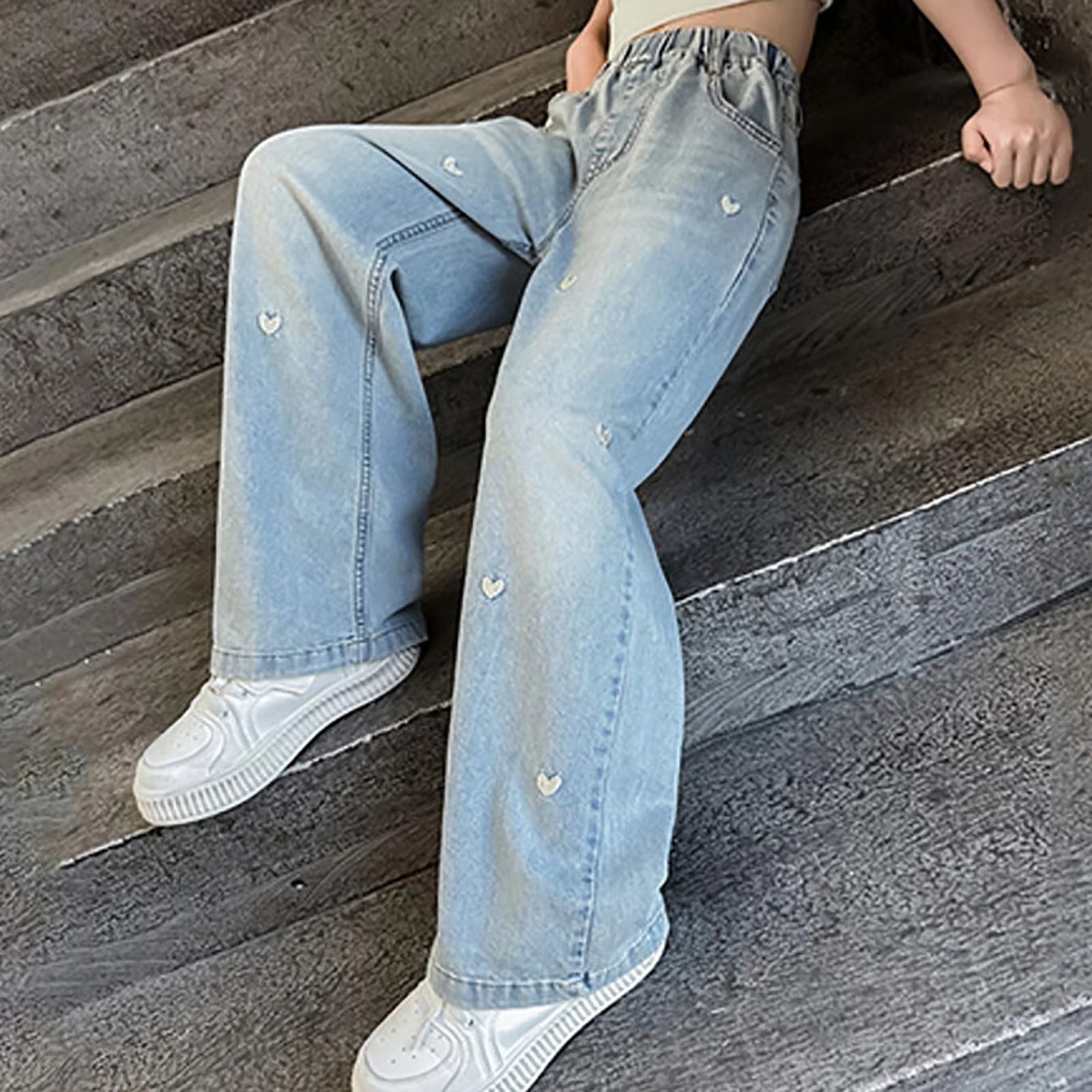 Summer Girls Middle School Fashion Loose Solid Color Small Love Jeans Casual Pants Wide Leg Pants 4-10 Years Old