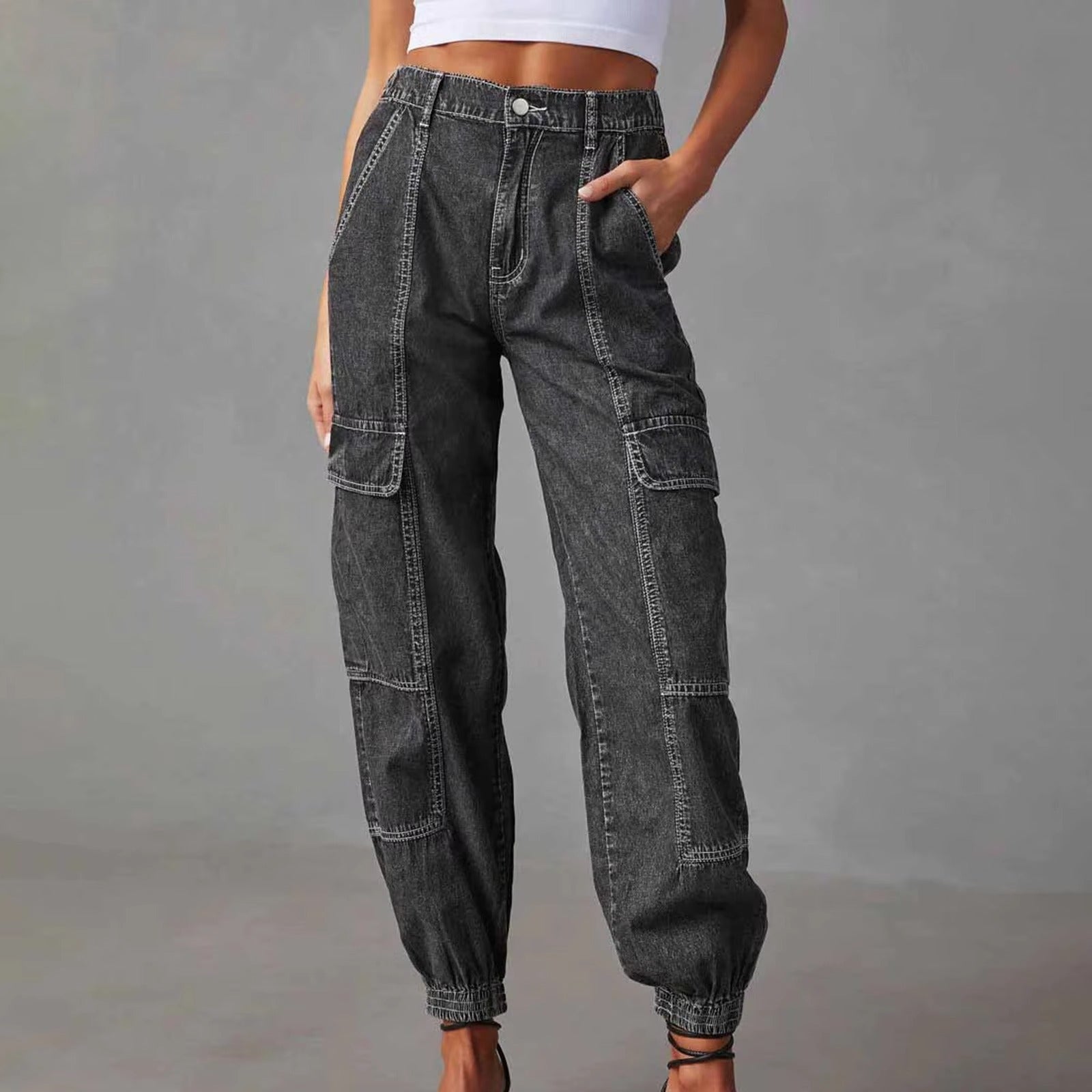 Women Work Jeans Cargo Pants Fashion Casual Elastic Waist Loose Pants Jag Cords Classic Women Clothing Pantalones De Mujer