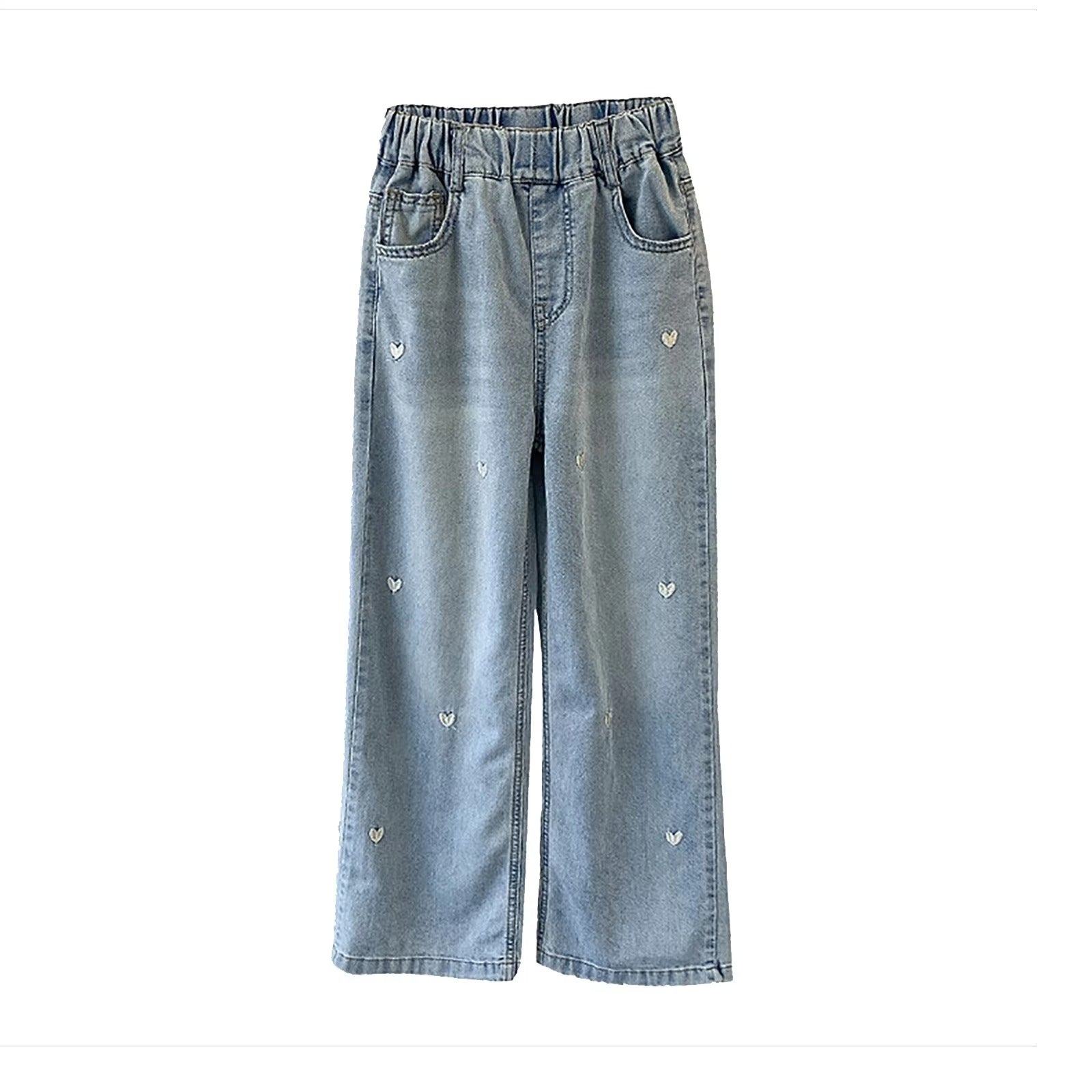 Summer Girls Middle School Fashion Loose Solid Color Small Love Jeans Casual Pants Wide Leg Pants 4-10 Years Old
