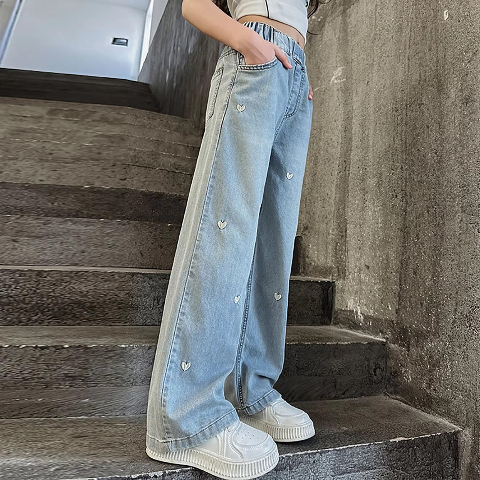 Summer Girls Middle School Fashion Loose Solid Color Small Love Jeans Casual Pants Wide Leg Pants 4-10 Years Old