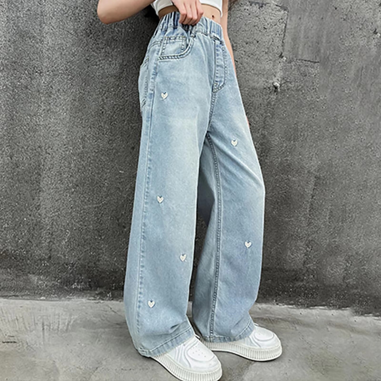 Summer Girls Middle School Fashion Loose Solid Color Small Love Jeans Casual Pants Wide Leg Pants 4-10 Years Old
