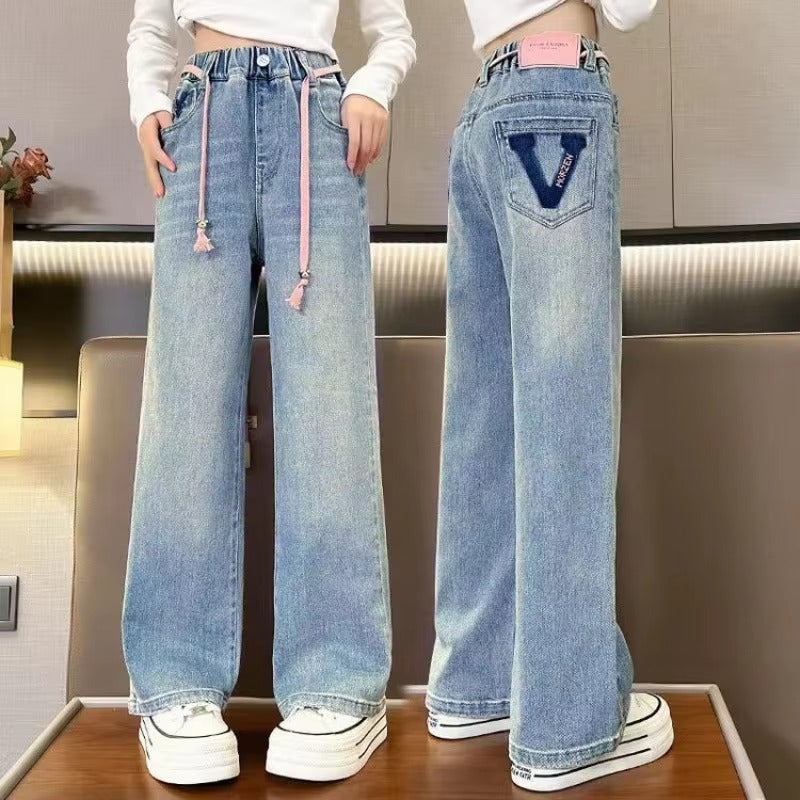 New Fashion Tweens Children Jeans for Girls High Waist Stretch Soft Denim Pants Kids Casual Regular Fit Jeans Trousers Age 5-14T