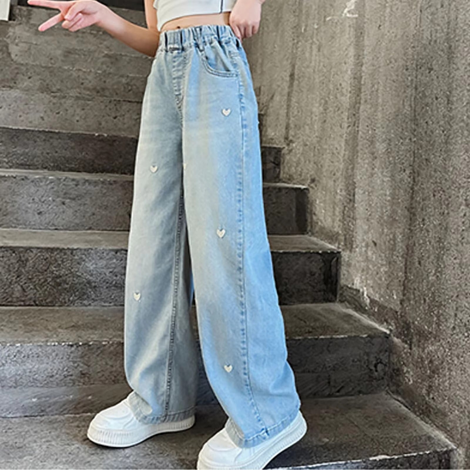 Summer Girls Middle School Fashion Loose Solid Color Small Love Jeans Casual Pants Wide Leg Pants 4-10 Years Old