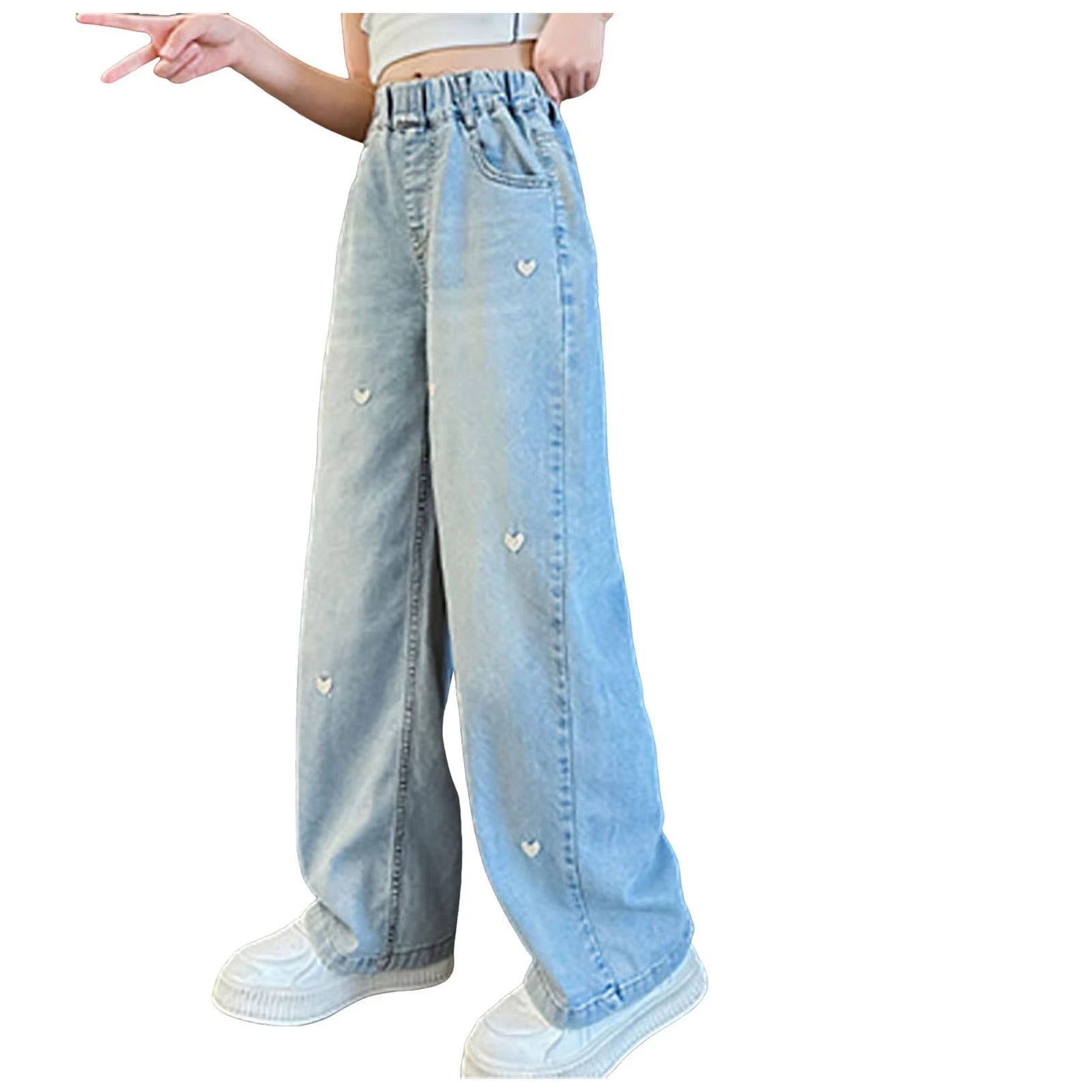 Summer Girls Middle School Fashion Loose Solid Color Small Love Jeans Casual Pants Wide Leg Pants 4-10 Years Old