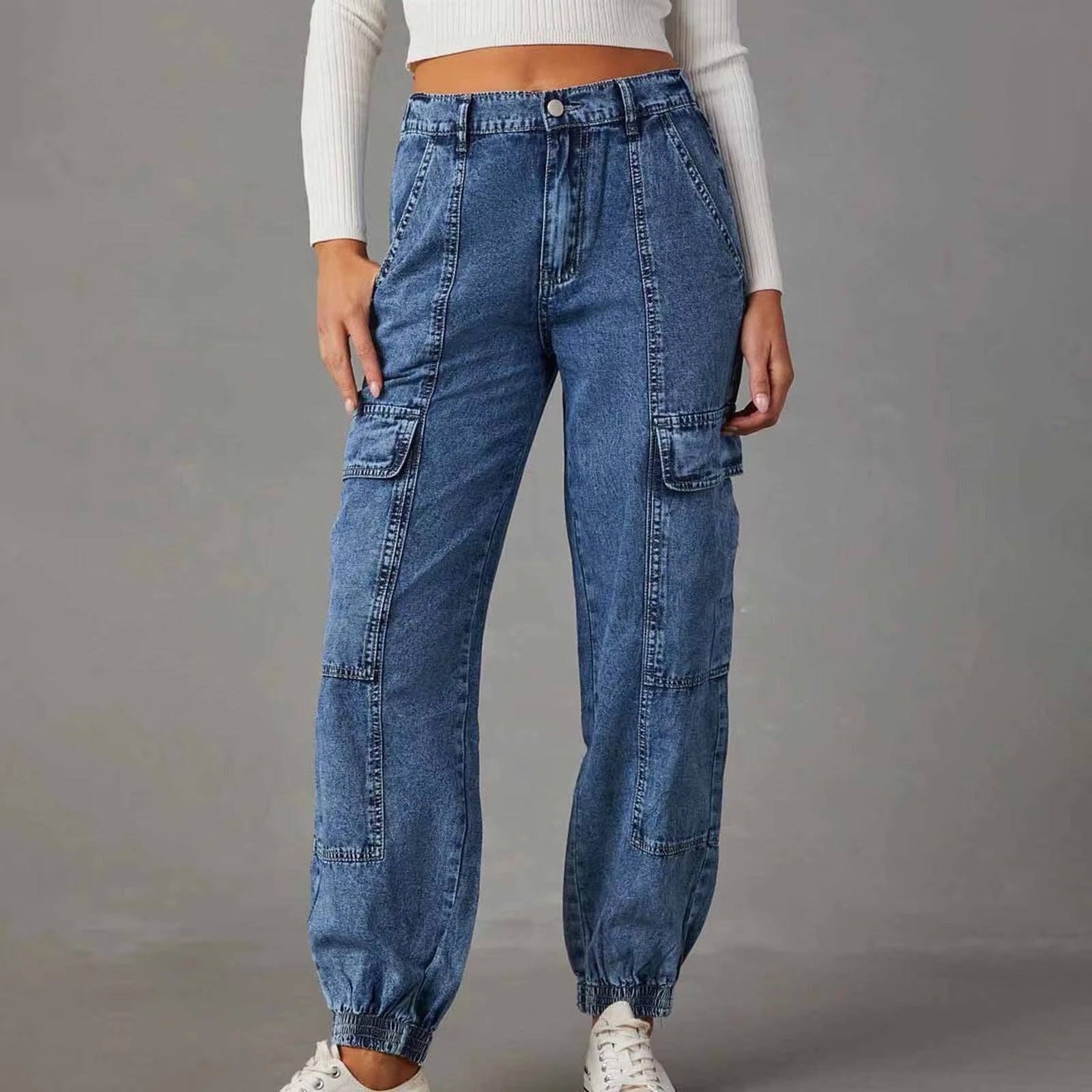 Women Work Jeans Cargo Pants Fashion Casual Elastic Waist Loose Pants Jag Cords Classic Women Clothing Pantalones De Mujer