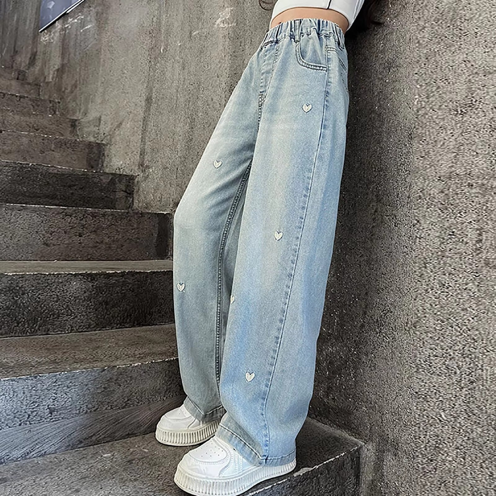 Summer Girls Middle School Fashion Loose Solid Color Small Love Jeans Casual Pants Wide Leg Pants 4-10 Years Old